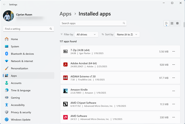 Installed apps lists both programs and apps