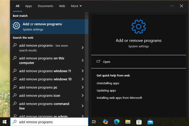 Searching for add remove programs in Windows 10