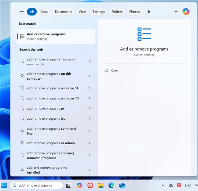 Searching for add remove programs in Windows 11