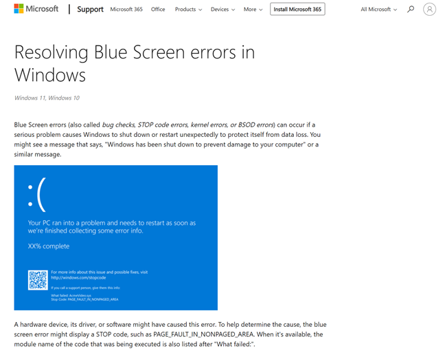 Microsoft's Resolving Blue Screen errors in Windows page