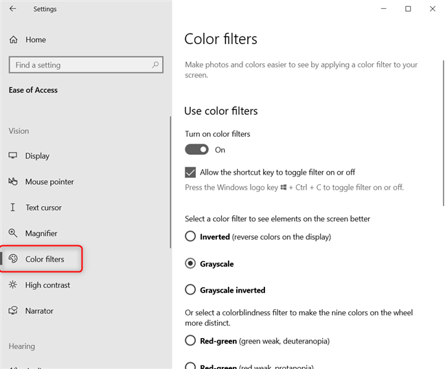 How to enable color filters in the Windows 10 Fall Creators Update