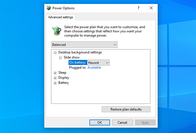 Settings available for a power plan in Windows 10