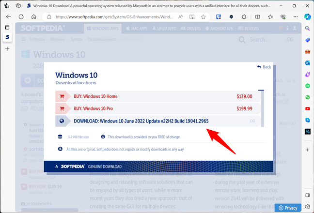 The Windows 10 download page from Softpedia