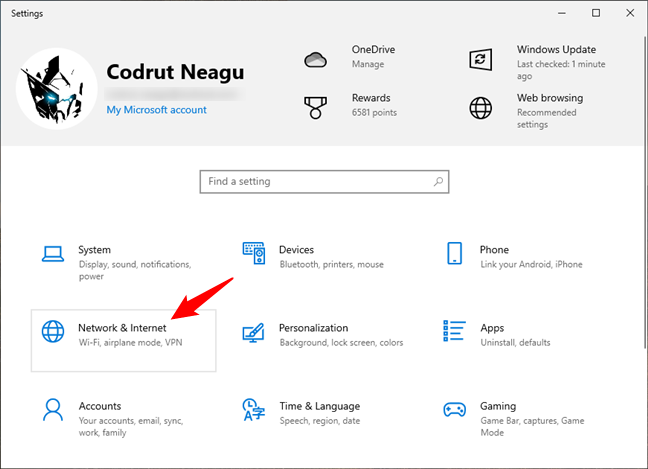 The Network & Internet category from Windows 10 Settings