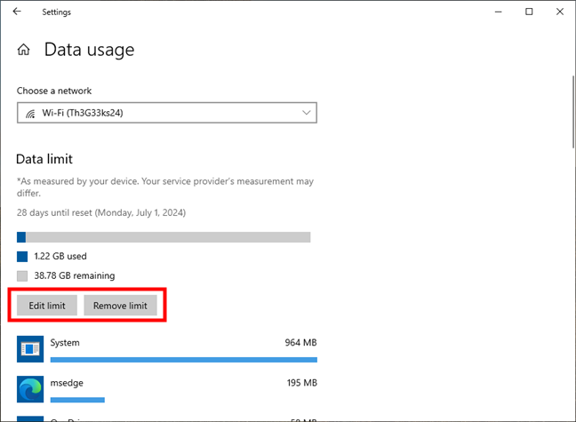 Edit limit or Remove limit for a metered connection