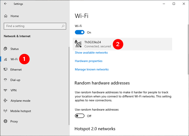 The Wi-Fi section in the Windows 10 Settings