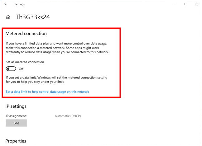 The Metered connection settings from Windows 10
