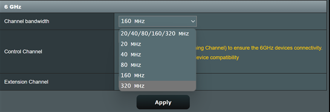 Set up the Channel bandwidth for 6 GHz