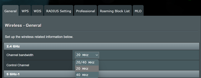 Set up the Channel bandwidth for 2.4 GHz