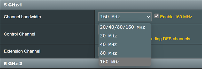 Set up the Channel bandwidth for 5 GHz