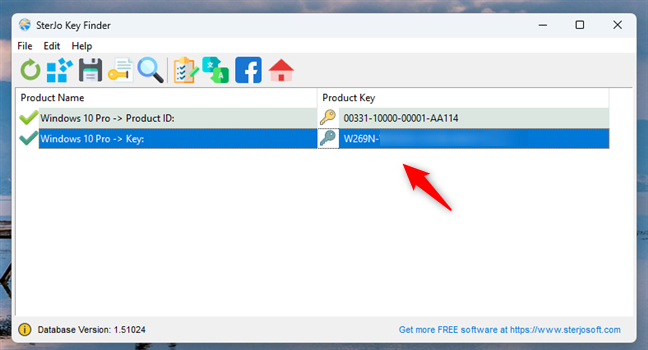 SterJo Key Finder displaying the serial key of Windows