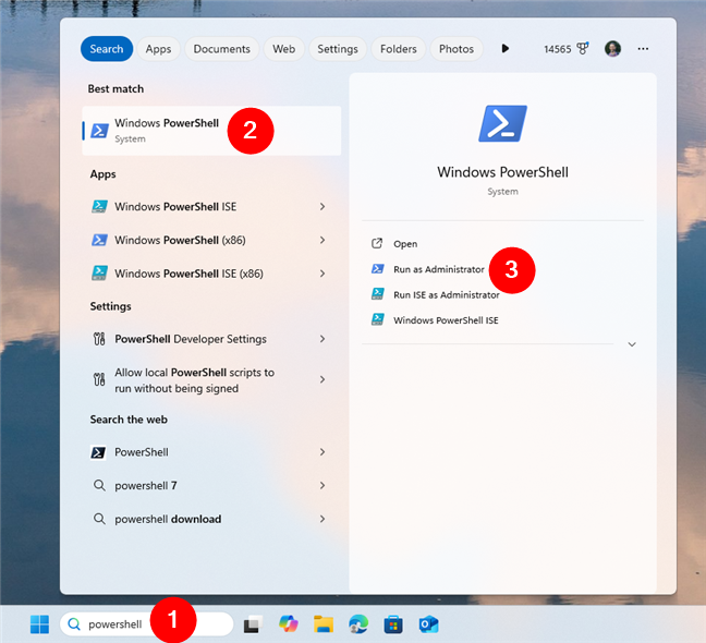 Search for and run PowerShell as an administrator in Windows 11