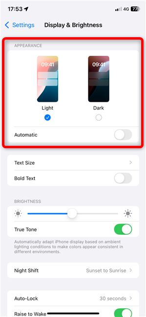 The iPhone Dark Mode settings