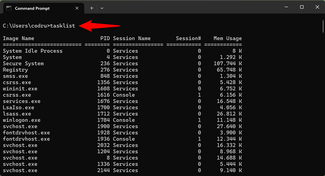 Tasklist lets you view running processes in Windows' CMD