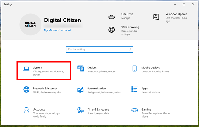 Access System in the Windows 10 Settings