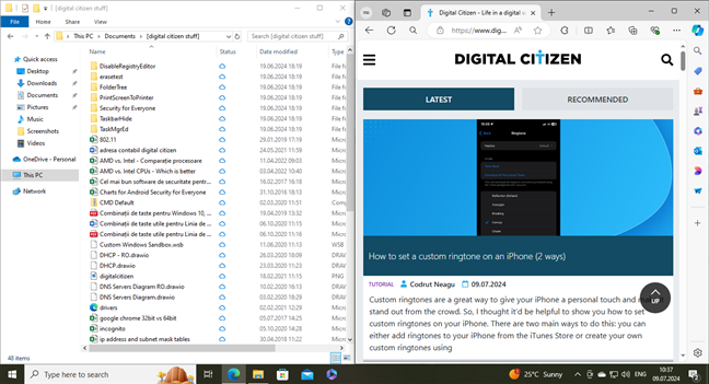 File Explorer and Microsoft Edge snapped side by side