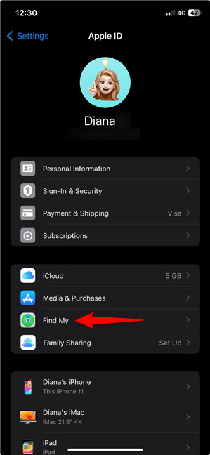 Access the Find My settings on an iPhone