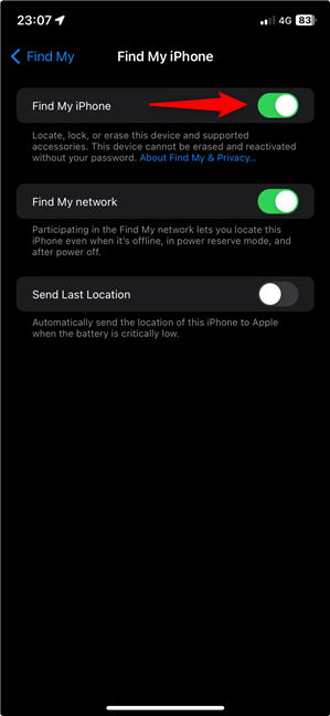 The Find My iPhone switch