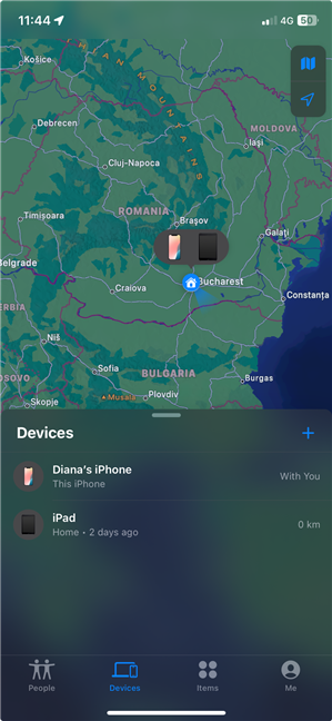 The location of my iPhone and iPad in the Find My app