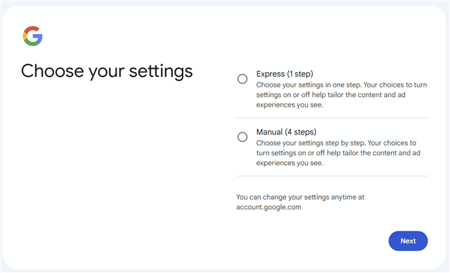 How do you want to set up your Google account settings?