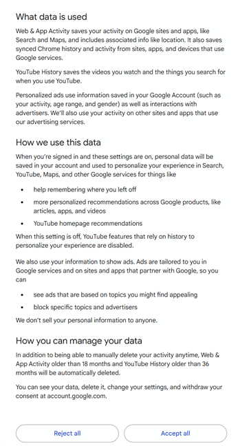 Accept or reject how your data is used