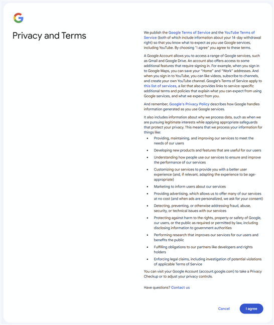 Review and agree to Google's terms and privacy conditions