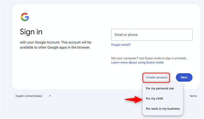 Click or tap Create account and choose For my personal use
