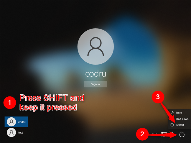 Restart while holding down Shift on Windows 10's sign-in screen