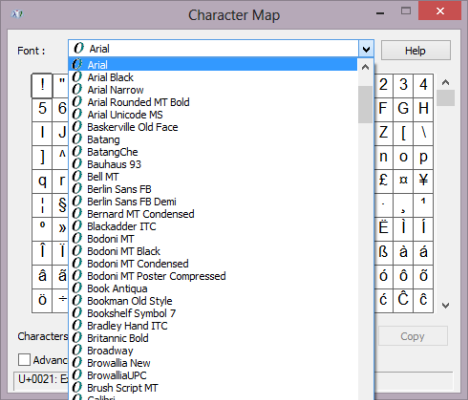 Character Map in Windows 7 and Windows 8