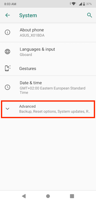 Tap on Advanced in System settings