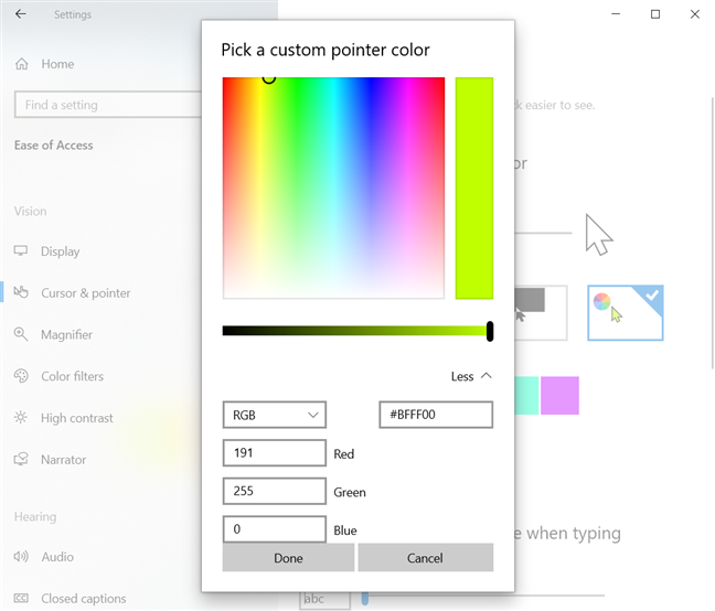 change mouse cursor color windows 10