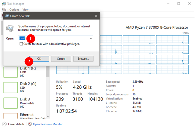 Avvia il Prompt dei comandi usando Task Manager