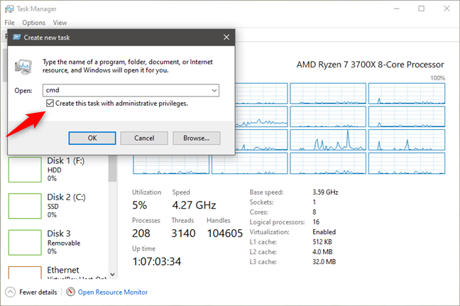 Avvia il Prompt dei comandi con privilegi di amministratore dal Task Manager