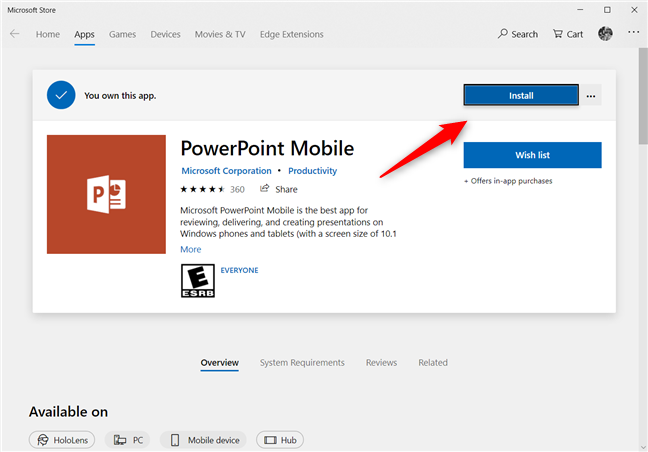 Installing PowerPoint Mobile from the Microsoft Store