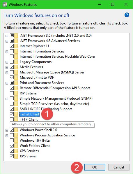 windows 10 telnet server install