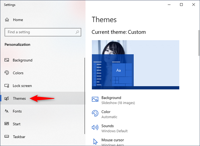 The Themes settings from Windows 10