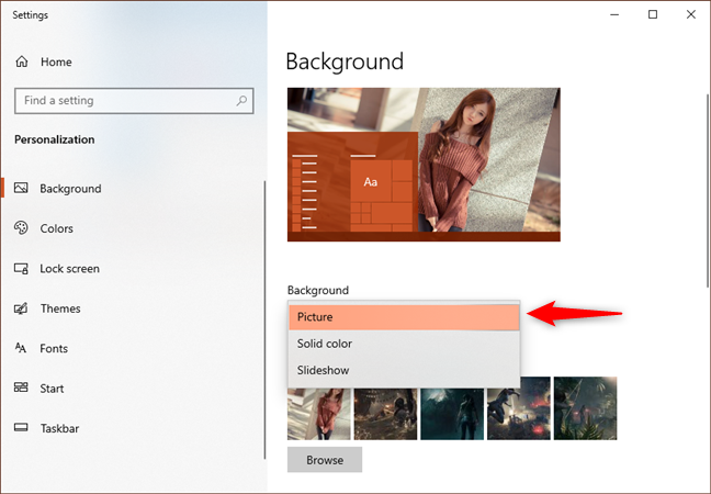 Choosing to use a Picture as the desktop background in Windows 10