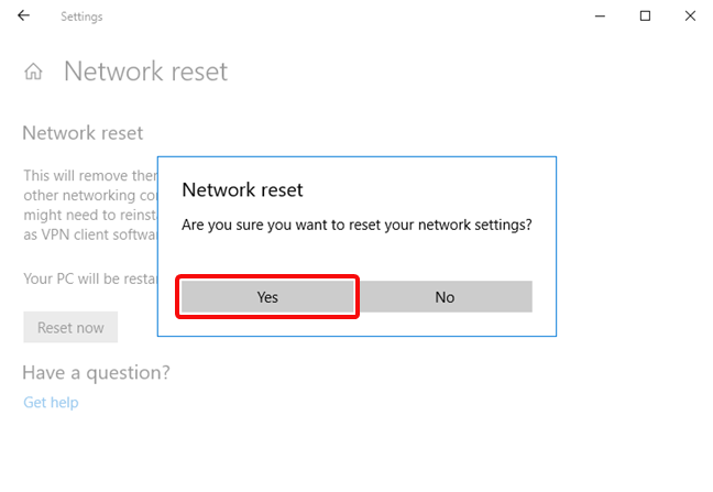 network reset windows 10