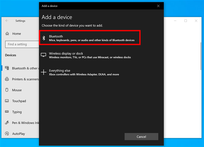 Choose Bluetooth in the Add a device wizard