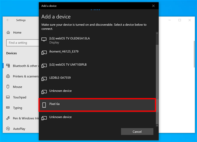 Find your phone in the list of devices you can connect to Windows 10