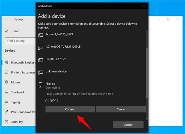 If the devices you are pairing show the same code, press Connect