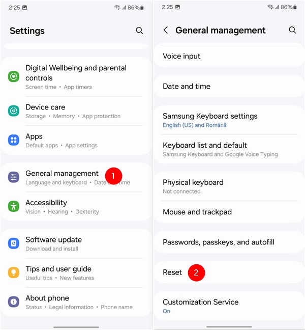 Press Reset in the General management settings of a Samsung Galaxy phone