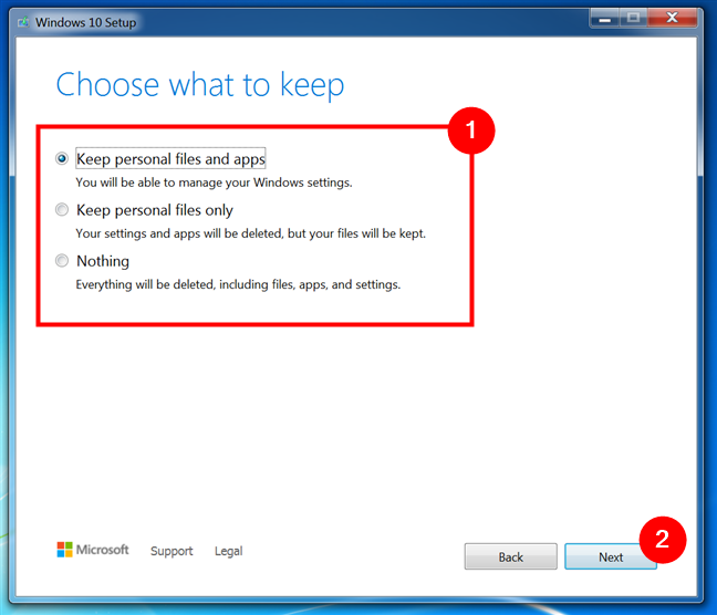 Choosing what to keep when doing an upgrade from Windows 7 or 8/8.1 to Windows 10