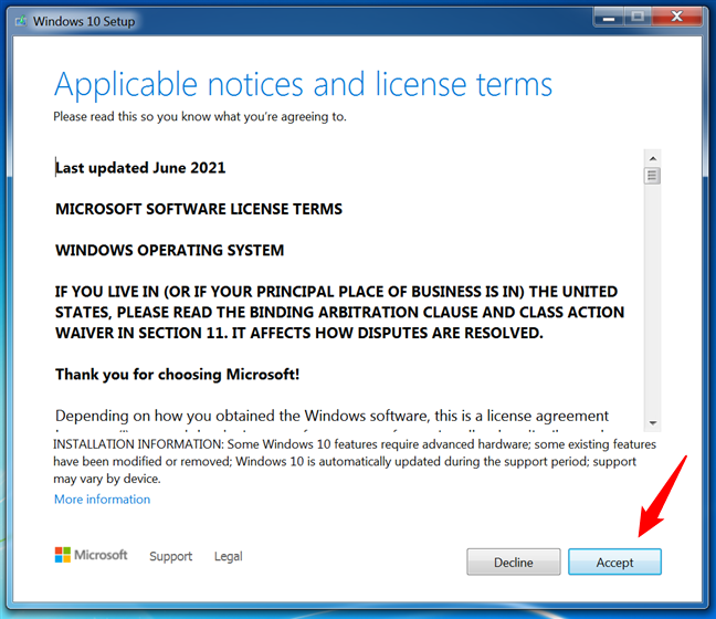 Accept the license terms for Windows 10
