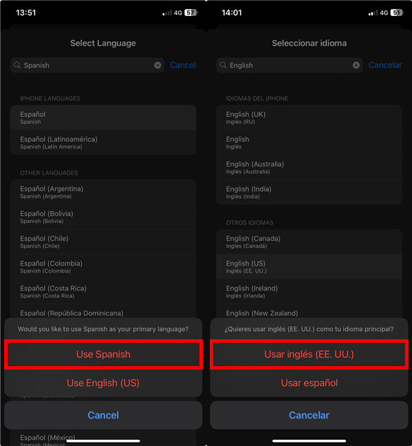 Confirm your choice to change the iOS language