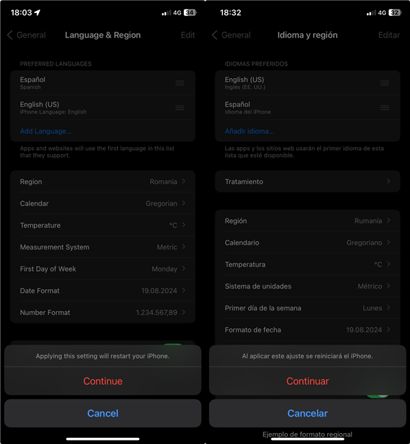 Tap Continue in the pop-up to change the iOS language