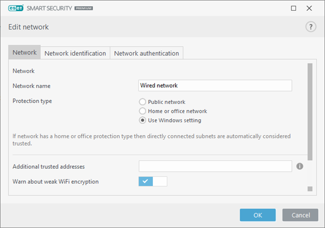 ESET firewall options for the network protection type