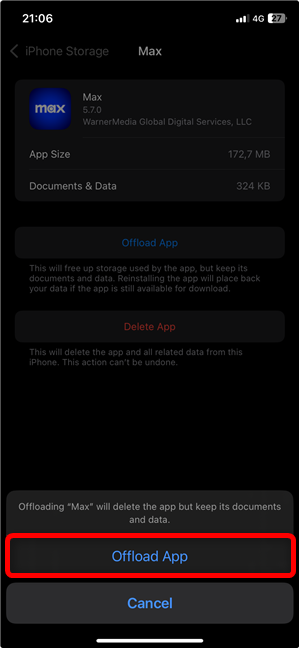 Confirm offloading the app on your iPhone