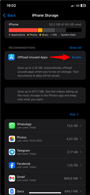 Enable the Offload Unused Apps option