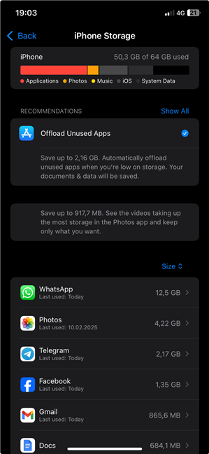 A check mark shows you enabled the Offload Unused Apps recommendation